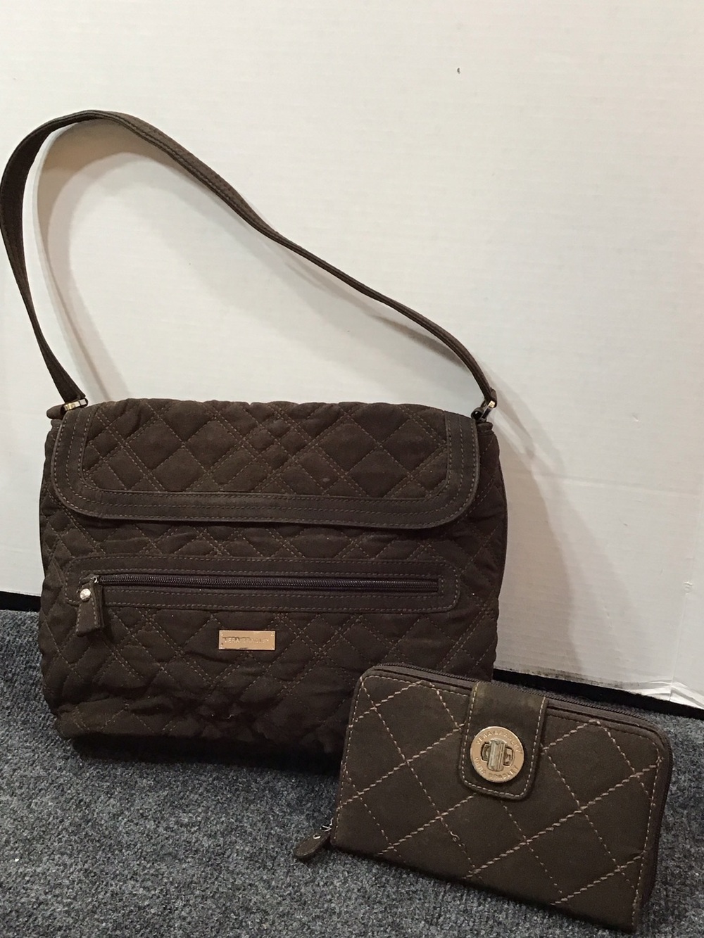 Vera Bradley dark brown quilted shoulder bag plus matching wallet